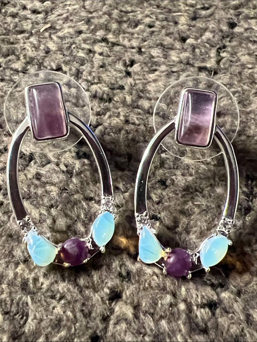 3/$18 Silver Hoop Drop Earrings with Purple and Opal-Blue Stones Lot 543
